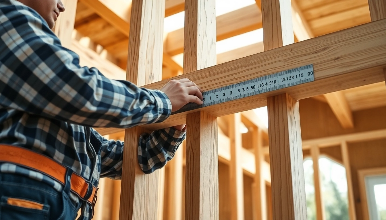 High-quality framing in construction showcased by a skilled worker assembling wooden supports on a house exterior, highlighting craftsmanship and structural integrity.