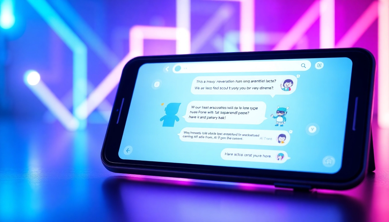 Futuristic AI chatbot interface with colorful avatars and neon lighting on a sleek device screen