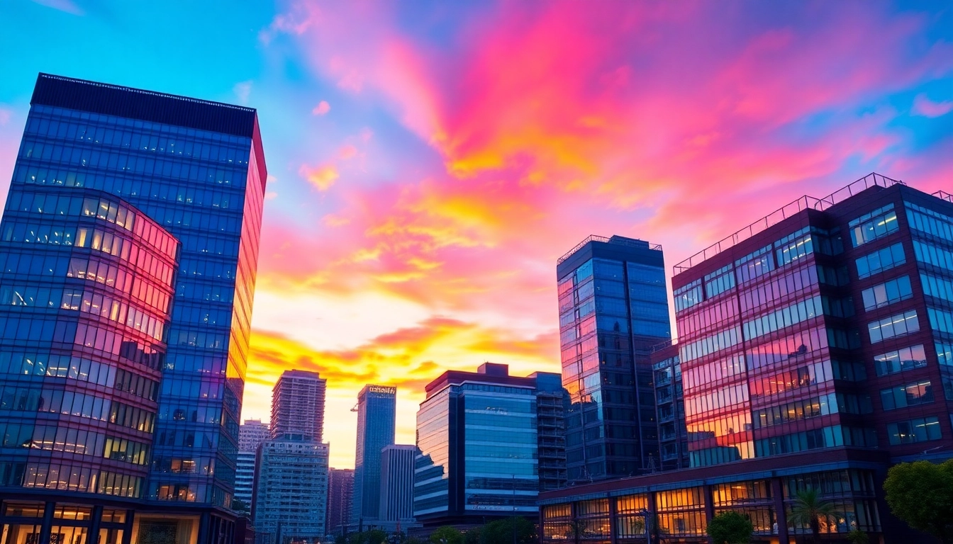 Read about the latest Commercial Property News with a vibrant city skyline and commercial real