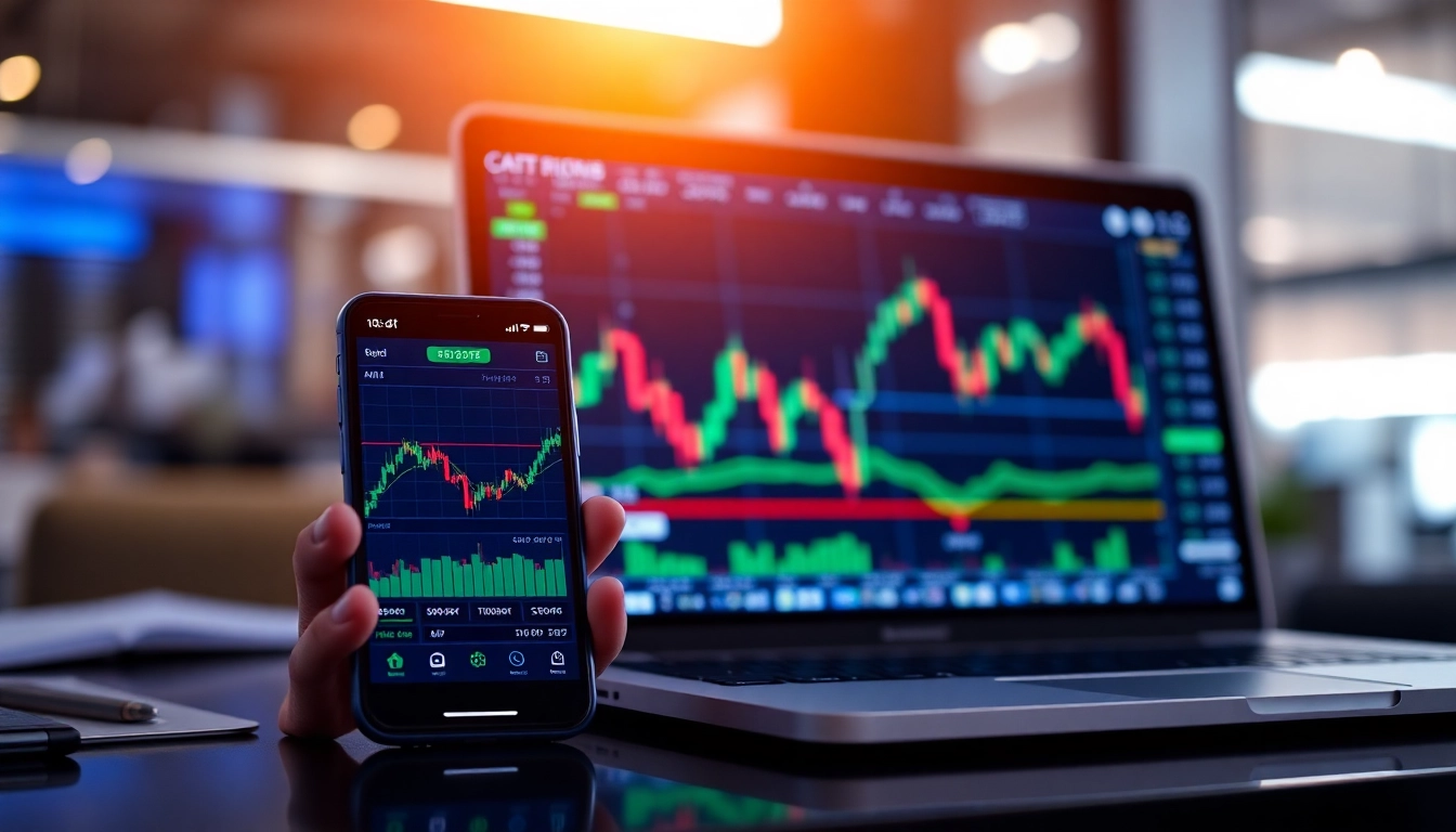 UK trader analyzing online stock trading platforms on a laptop in a professional setting