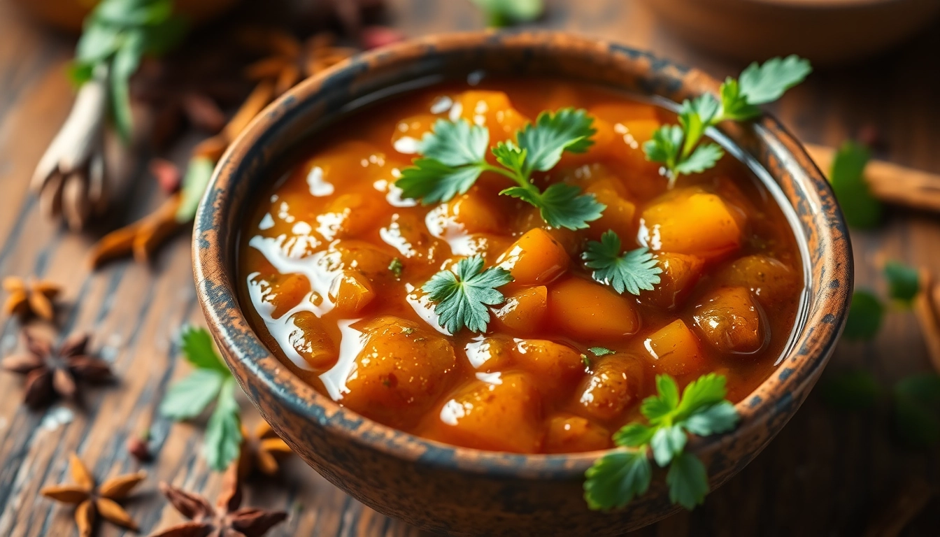 Tamarind Chutney served in a bowl with herbs and spices, highlighting rich flavor and tradition